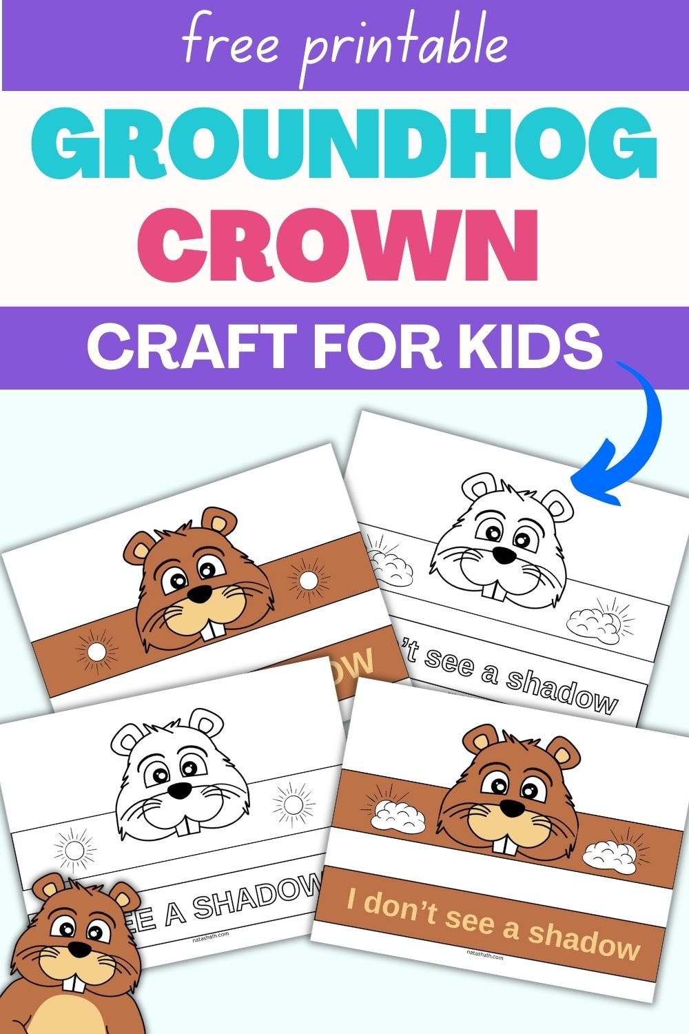 text "free printable Groundhog crown craft for kids" with an image of four paper crown crafts for kids