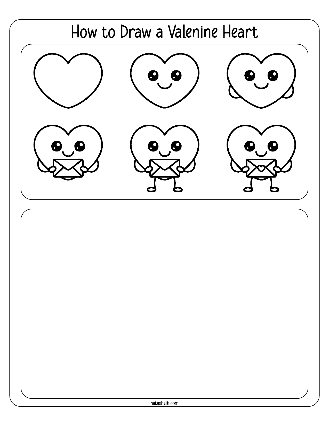 A drawing guide titled "How to Draw a Valentine Heart" displays step-by-step instructions featuring simple heart drawings with cartoon faces and characters holding envelopes, designed for kids' Valentine’s Day activities.