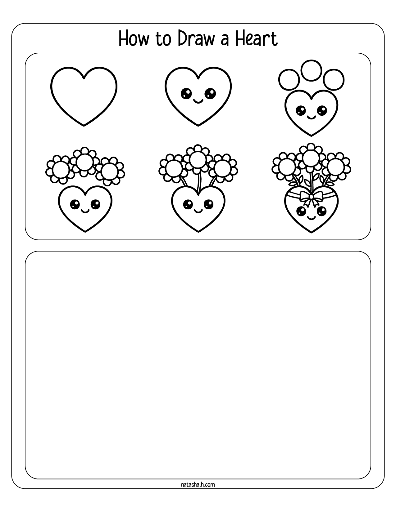A worksheet titled "How to Draw a Heart," featuring step-by-step illustrations of hearts and flower-filled hearts, designed for kids to practice Valentine’s Day drawings.