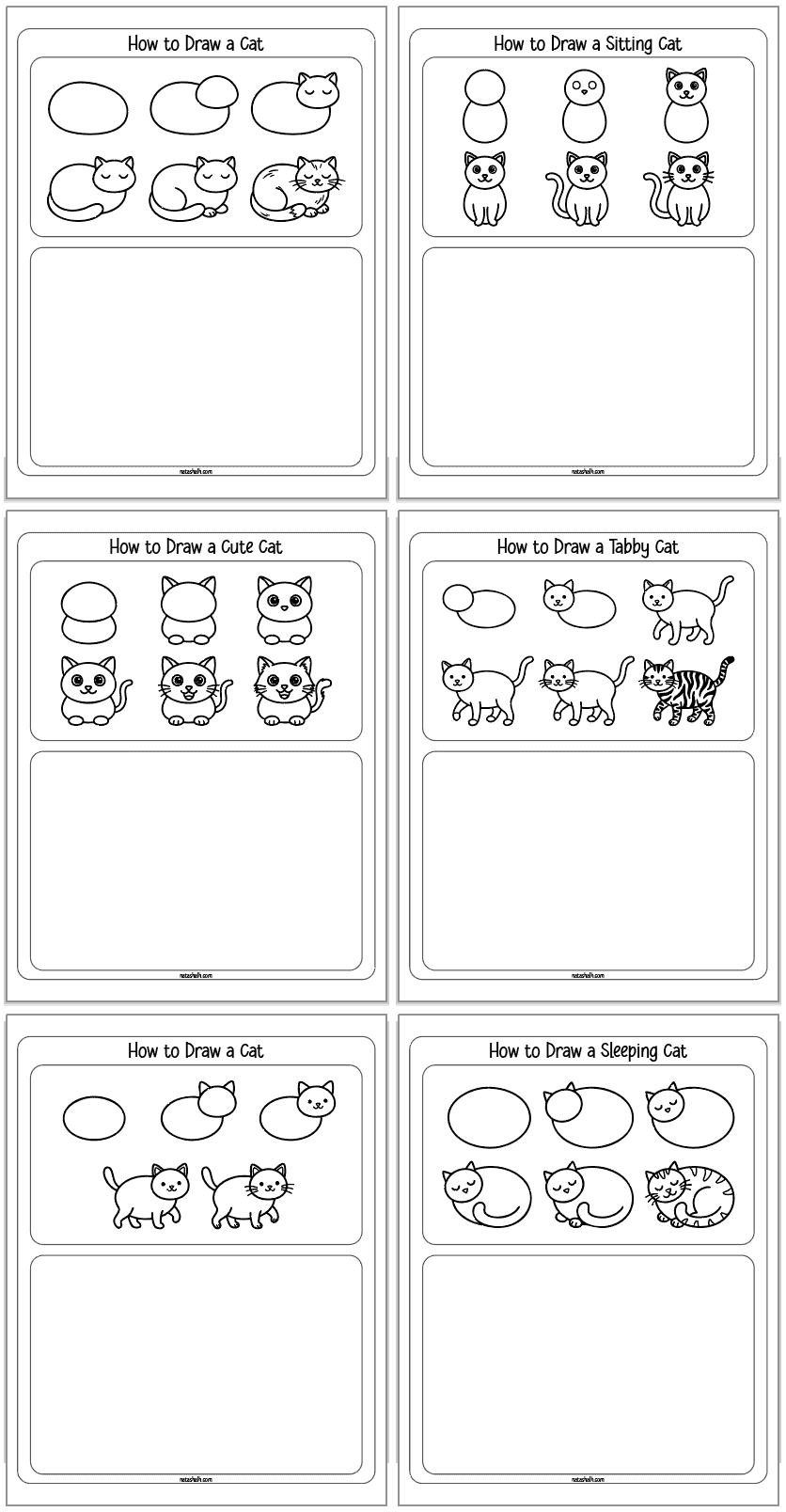 six how to draw a cat worksheets showing how to draw cats step by step