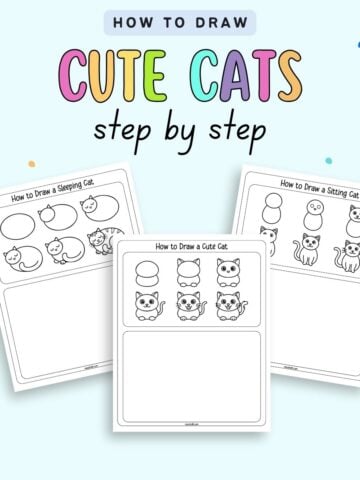 text "how to draw cute cats step by step" with a preview of three pages