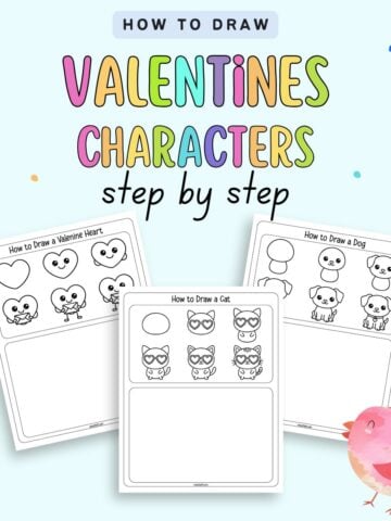 text "how to draw valentines characters step by step" with a preview of there valentine's day characters to draw