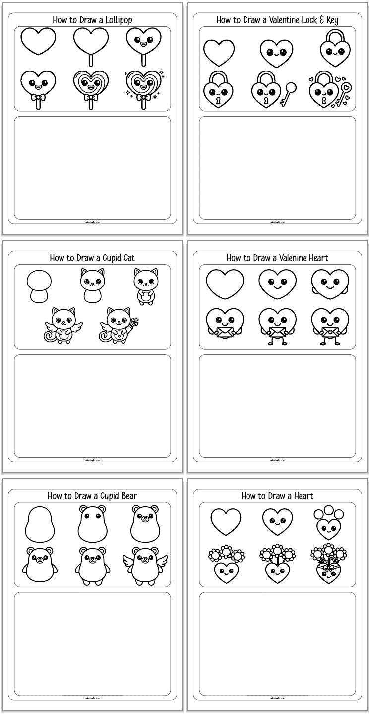 A set of instructional templates showing step-by-step drawings for Valentine's Day-themed characters and objects, including a lollipop, lock and key, cupid cat, valentine heart, cupid bear, and a heart with flowers, intended for kids' art activities.