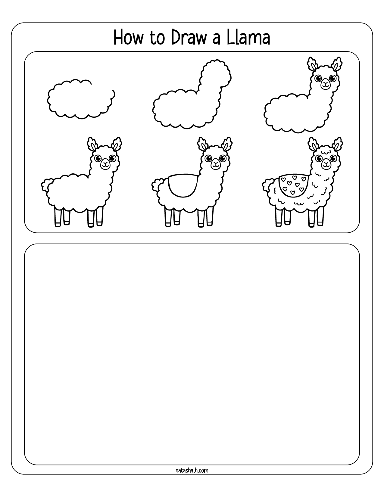 A step-by-step guide illustrating how to draw a llama, featuring simple shapes and elements aimed at kids, with a blank area for their own drawing practice.