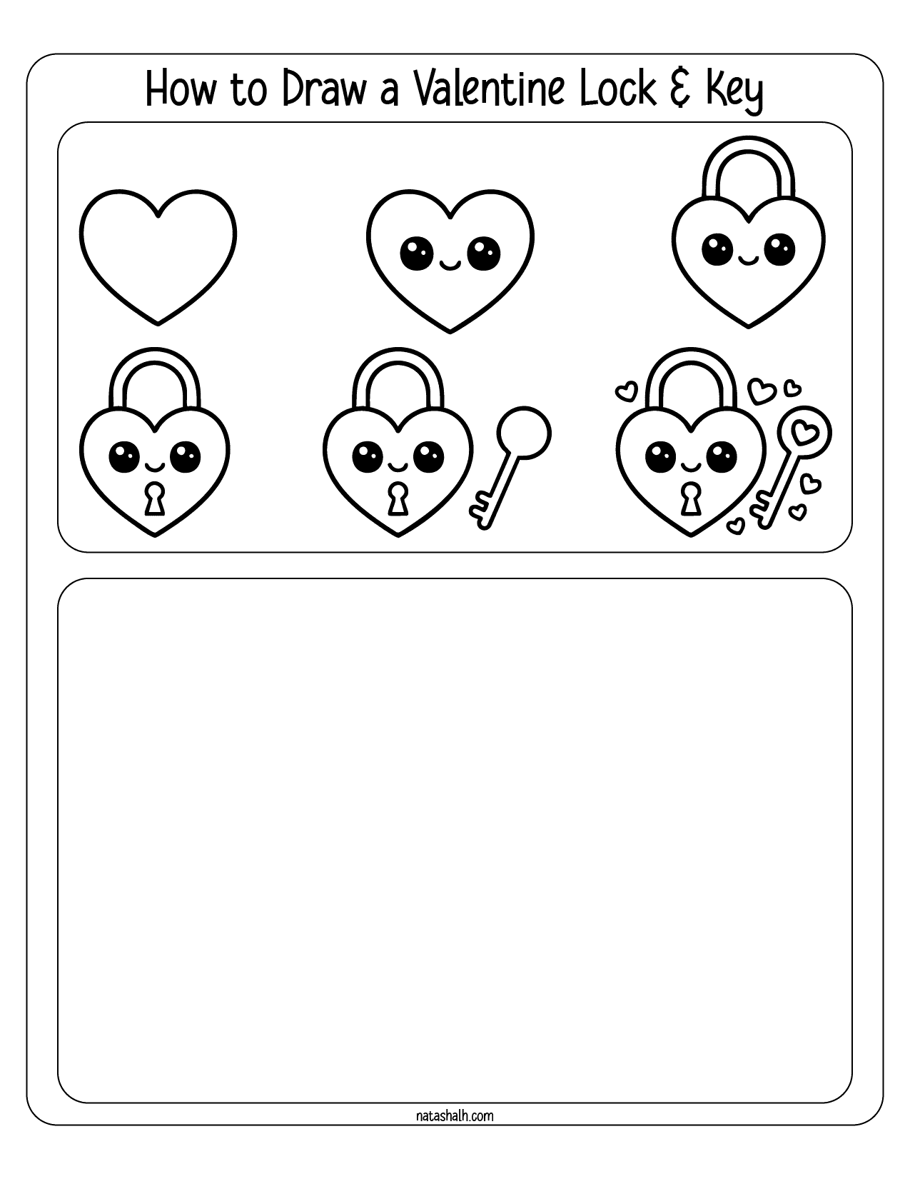 A step-by-step drawing guide for kids that illustrates how to draw various Valentine-themed elements, including hearts, a lock, and a key, with a blank space for their own designs.