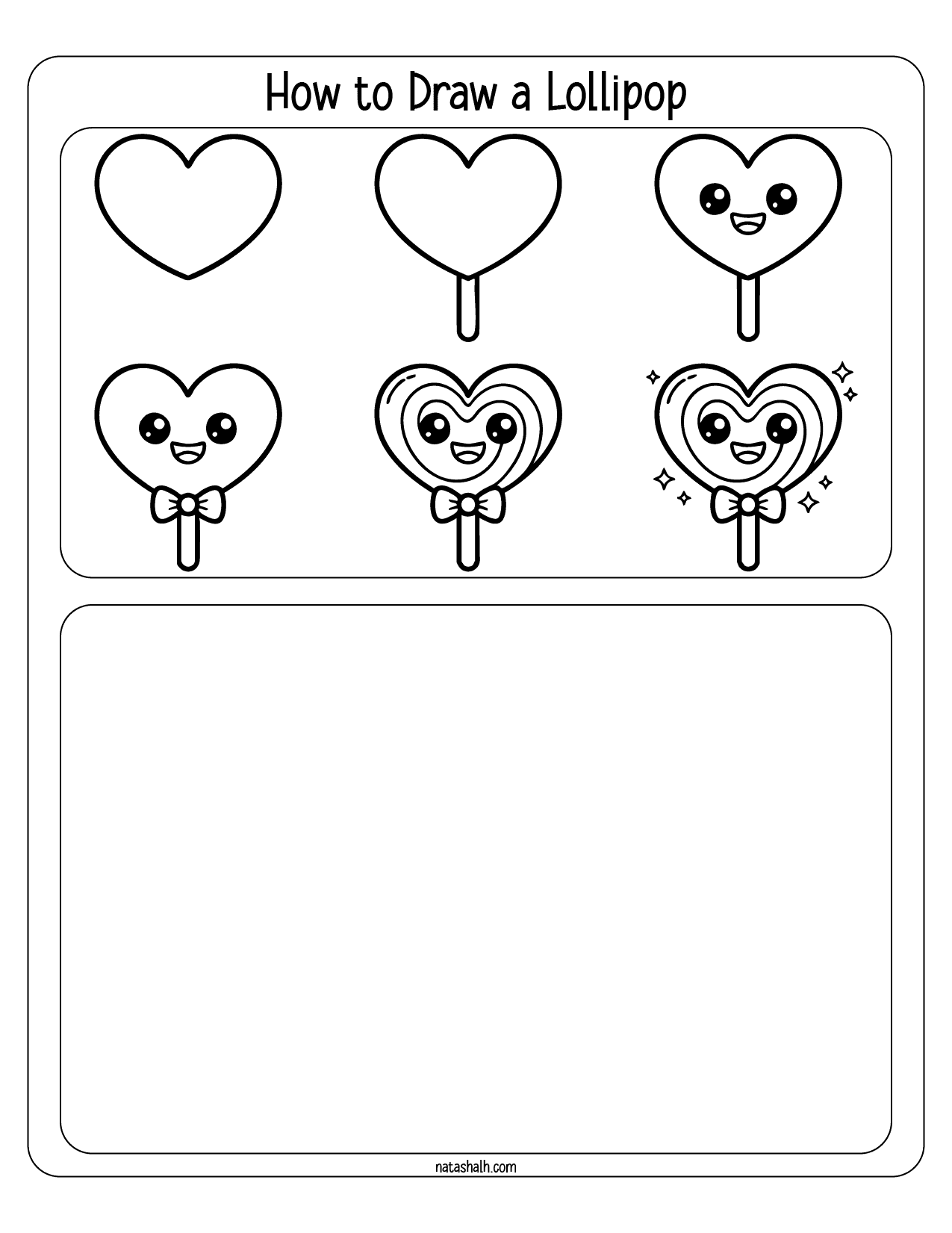 A step-by-step guide for kids on how to draw a lollipop with heart shapes and cute facial expressions, designed for Valentine’s Day drawings.