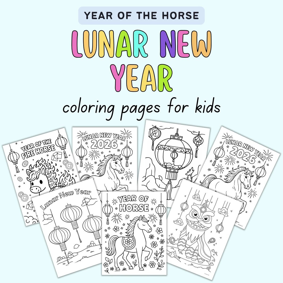 text 'year of the horse lunar new year coloring pages for kid" with a preview of Chinese New Year coloring pages 