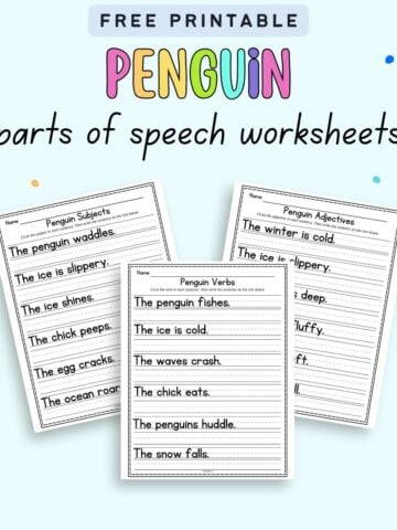 text "free printable penguin parts of speech worksheets" with a preview of three worksheets for students to find the bar, subject, and adjectives