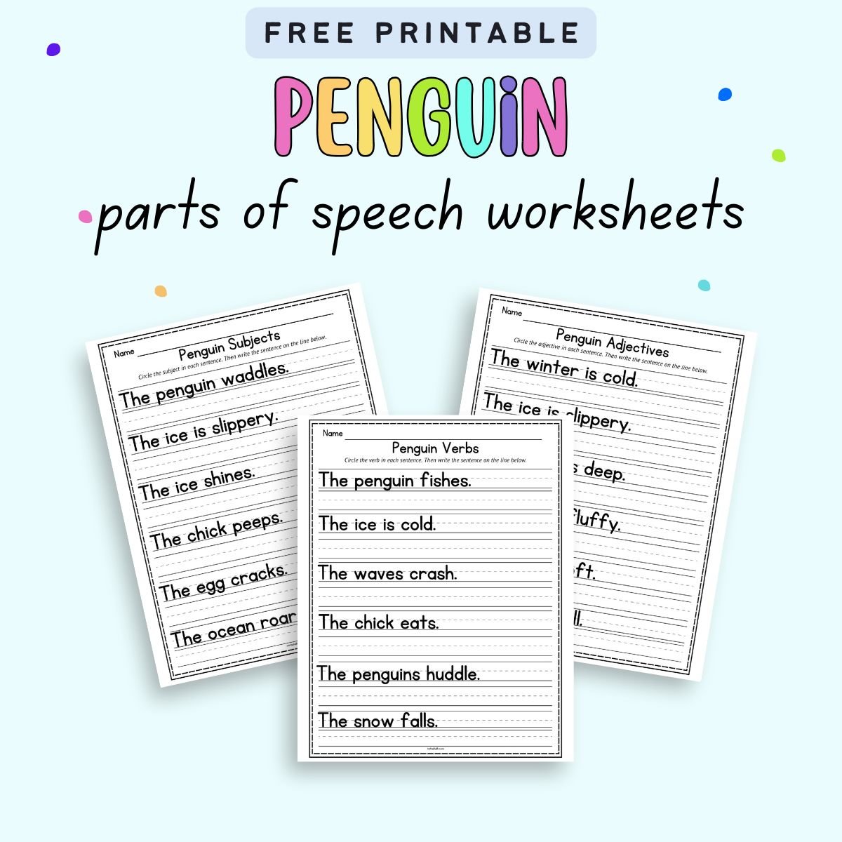 text "free printable penguin parts of speech worksheets" with a preview of three worksheets for students to find the bar, subject, and adjectives