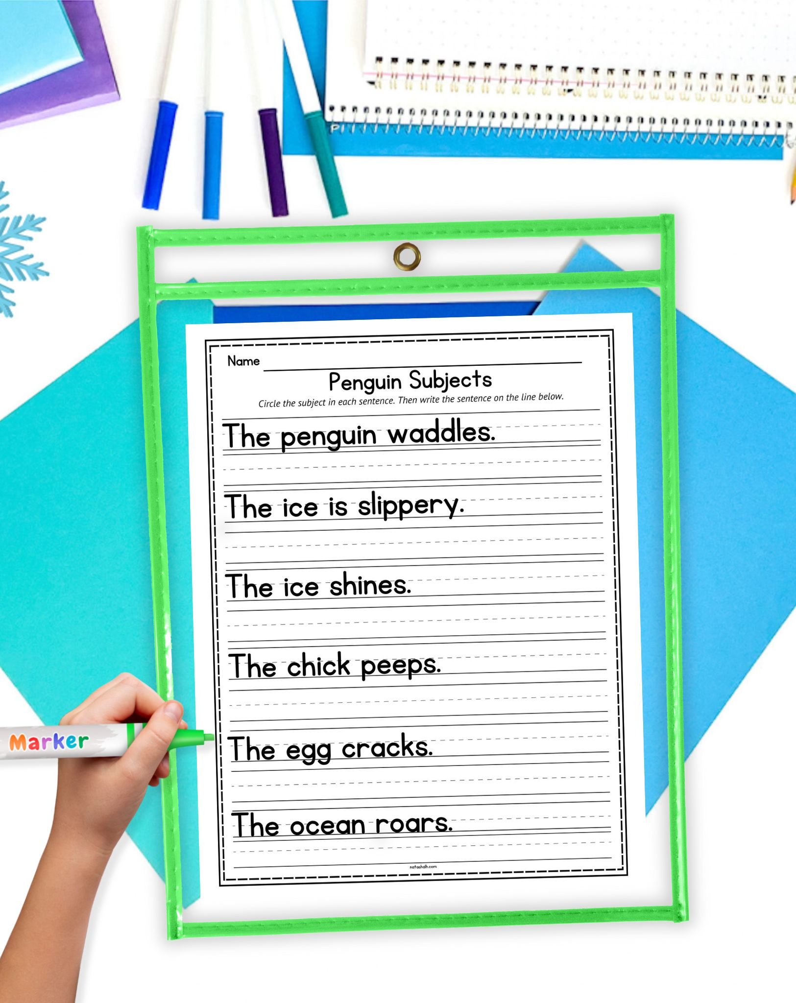 a penguin part of speech worksheet asking children to identify the subject of each sentence