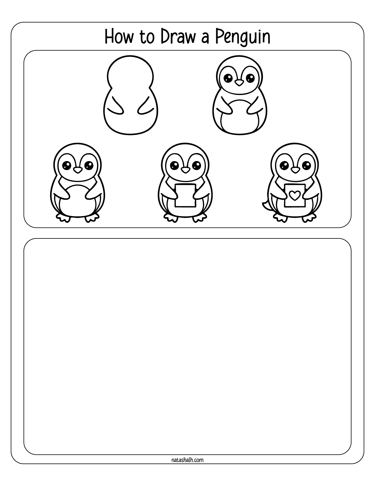 A step-by-step guide on how to draw a penguin, featuring sequential illustrations demonstrating the process, suitable for children’s Valentine’s Day drawings.