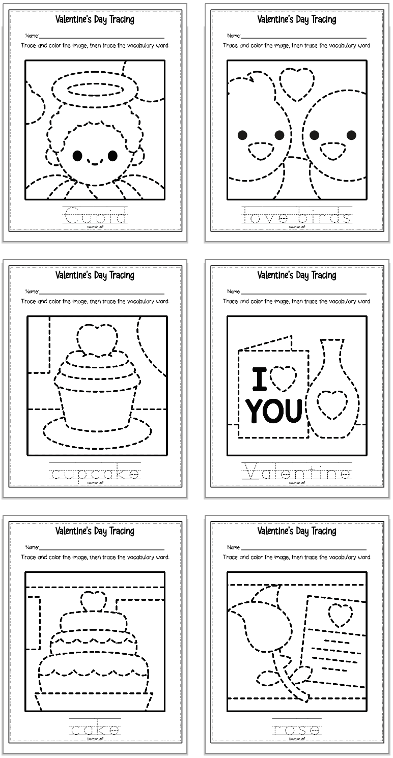 six Valentine's day trace and color pages showing images to color and vocabulary words to trace