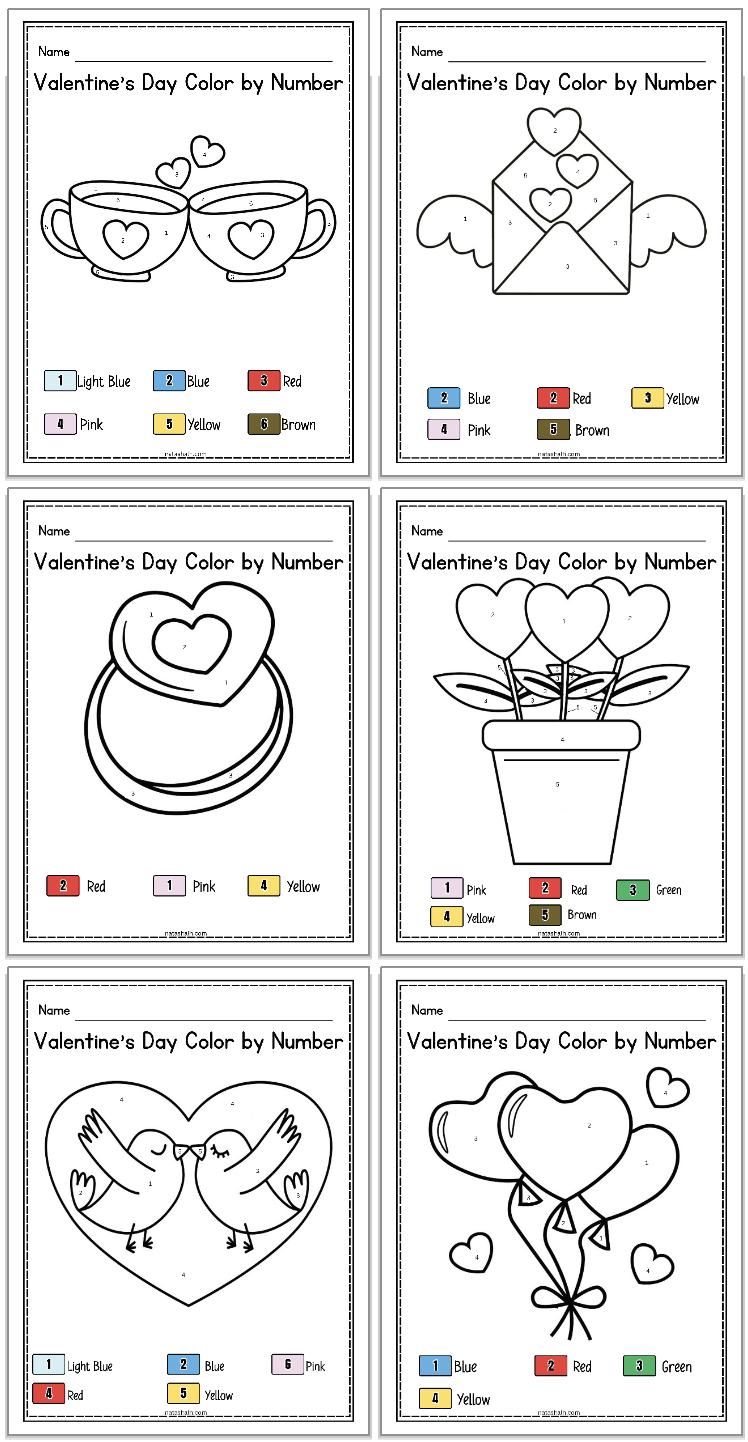 six easy Valentine's Day color by number pages with numbers 3-6