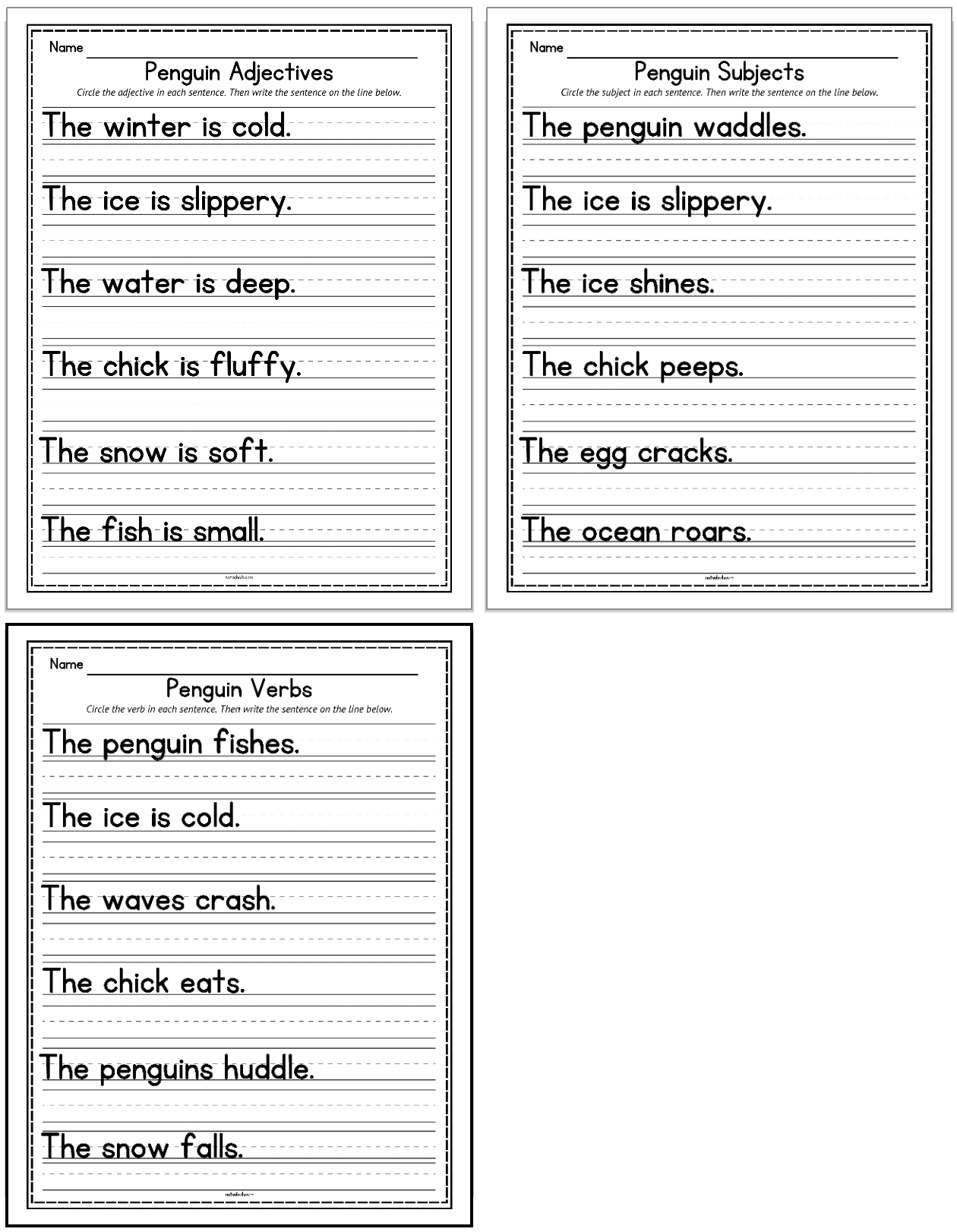 three free printable penguin themed parts of speech worksheets for children to identify the adjective, subject, and verb