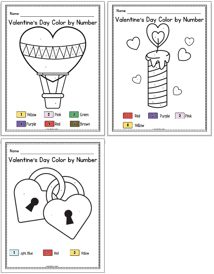 three easy Valentine's Day color by numen pages for preschoolers