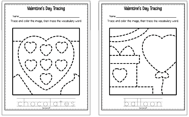 two valentine's day trace and color pages. One shows a box of chocolates, the other a blood