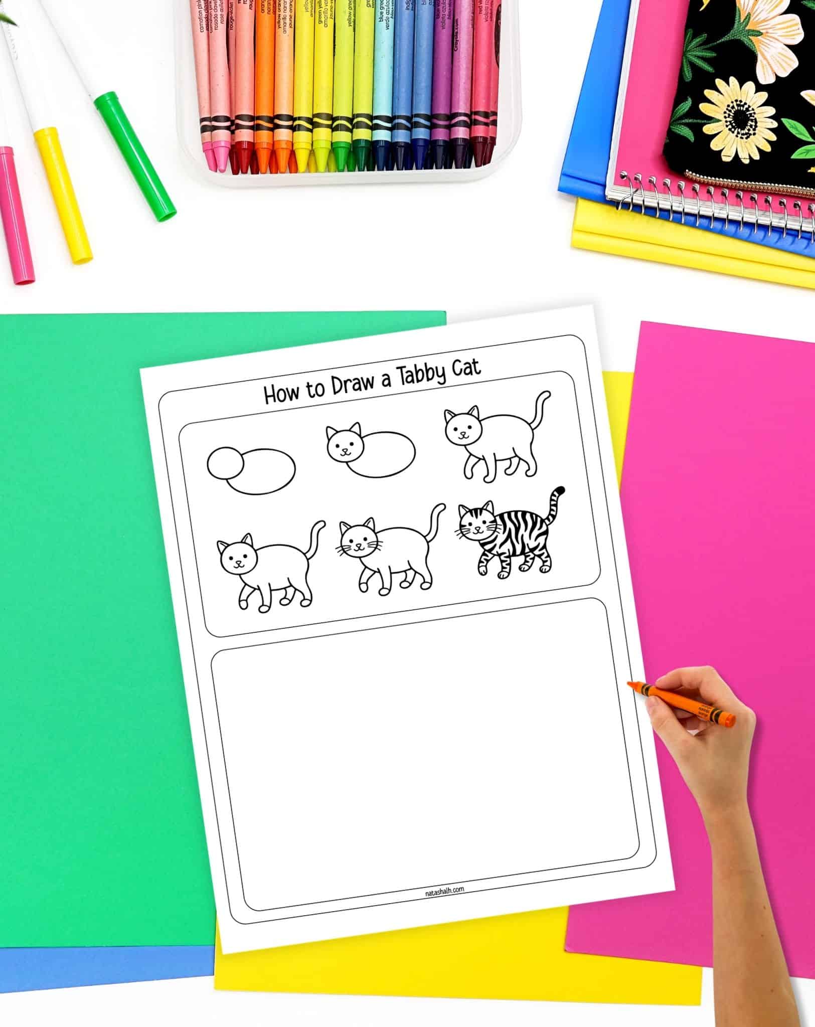 a child's hand with an orange crayon preparing to use a how to draw a tabby cat worksheet