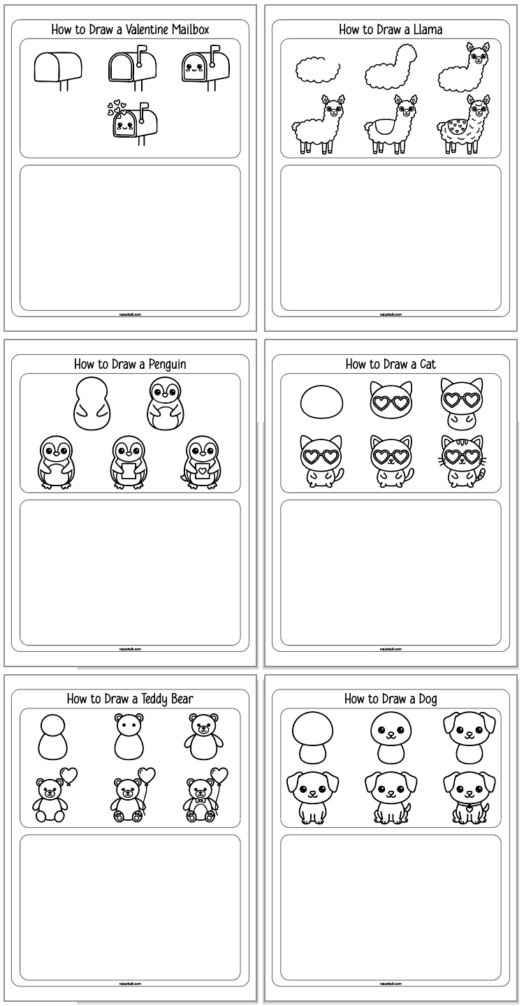 A collage of instructional boxes displaying step-by-step guides for kids on how to draw various Valentine's Day-themed characters and objects, including a mailbox, llama, penguin, cat, teddy bear, dog, lollipop, Cupid, heart, and more.