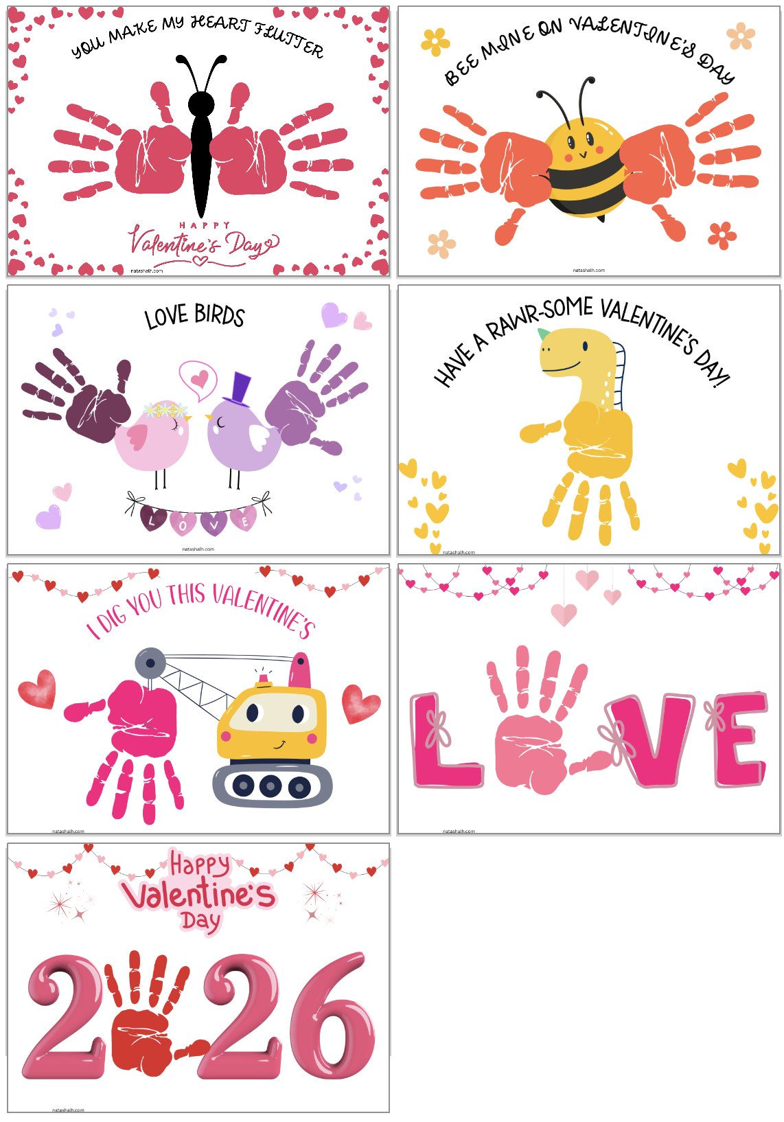 A collection of colorful Valentine’s Day handprint crafts for kids featuring designs like love birds, a bee, a dinosaur, and a construction vehicle, ideal for preschool Valentines and fun activities for toddlers.