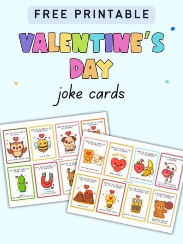 text "free printable valentines day joke cards" with a preview of two sheets of printable joke cards for valentines day