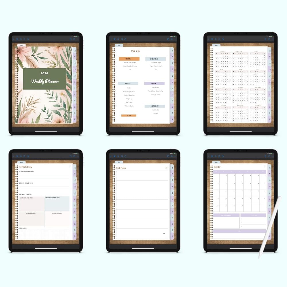 six planner pages from a digital planner for 2026