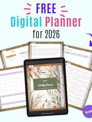 text "free digital planner for 2026" with a preview of digital planner pages