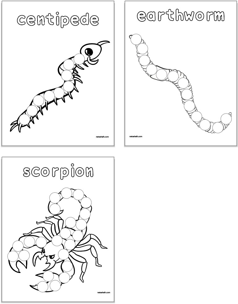 three bug themed dot marker pages including a centipede, earthworm, and scorpion