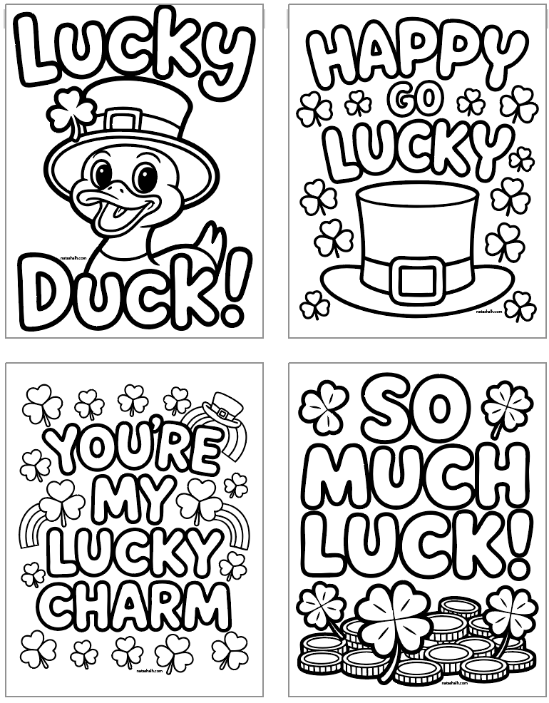 four bold and easy style st patrick's day coloring pages for kids with st pat's elements and silly st patrick's day quotes and puns