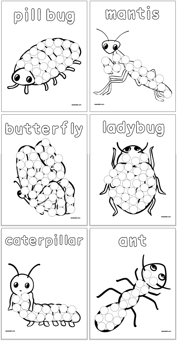 six bug themed dot marker coloring pages including: pill bug (rolly polly)
mantis
butterfly
ladybug
caterpillar
ant