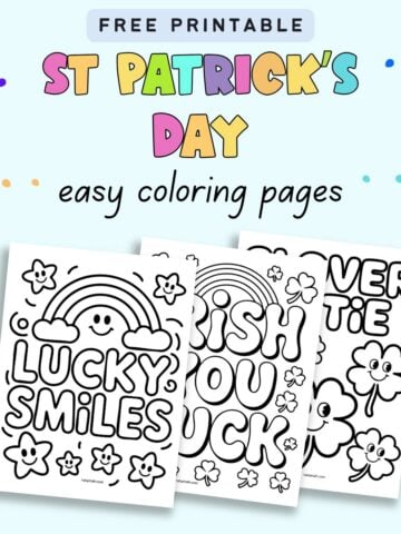 text "free printable St Patrick's Day easy coloring pages" with a preview of three coloring sheets for kids