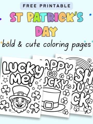 text "free printable st Patrick's ay bold and cute coloring pages" with a preview of three coloring sheets
