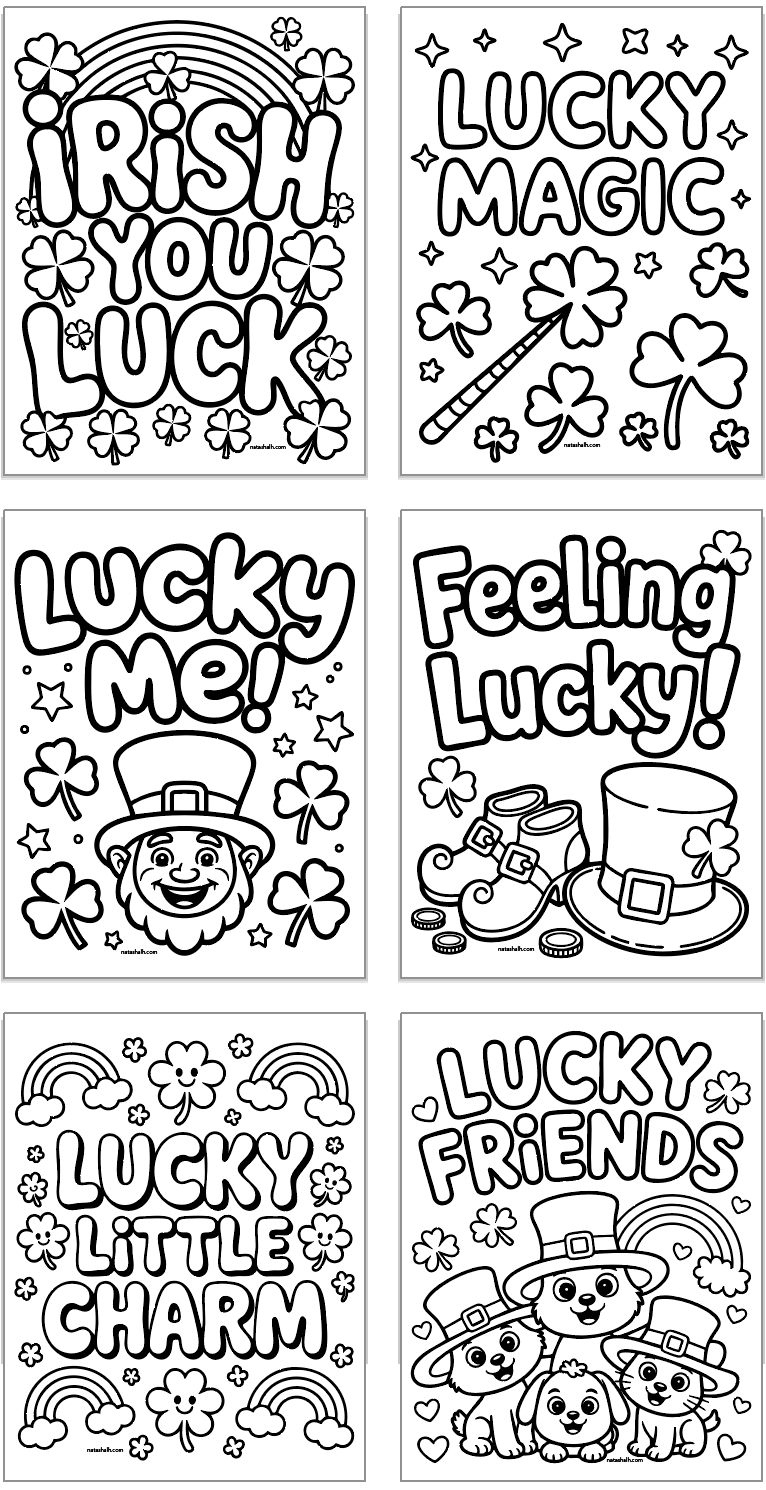 six bold and easy style st patrick's day coloring pages for kids with st pat's elements and silly st patrick's day quotes and puns