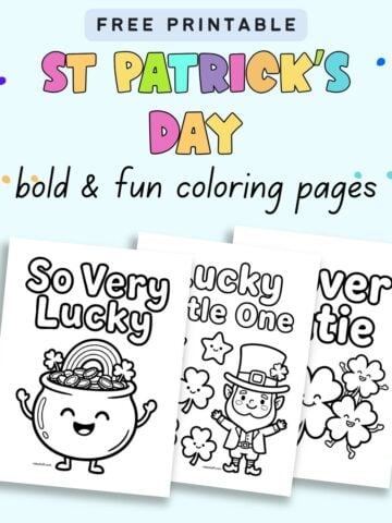 text "free printable st patrick's day bold and fun coloring pages" with a preview of three coloring sheets