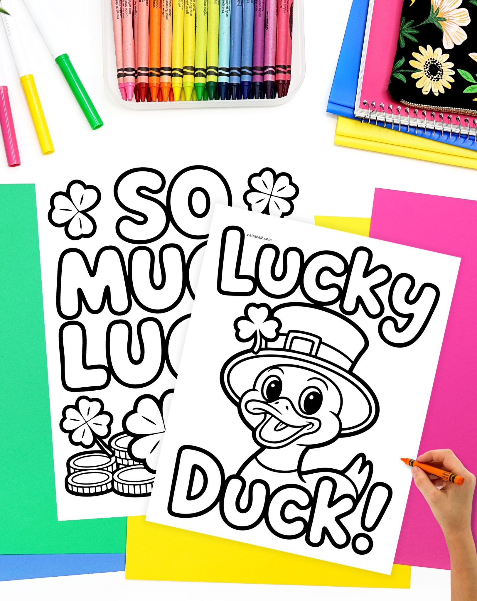 a child's hand with a crayon preparing to cook st patrick's day coloring sheets