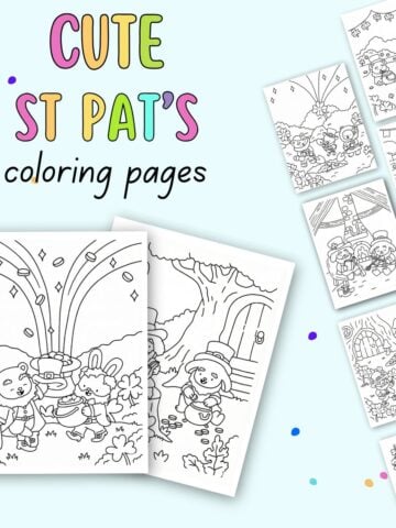 text "free printable cute st pat's coloring pages" with preview of st Patrick's day coloring sheets