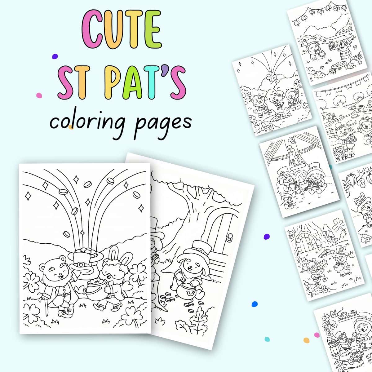 text "free printable cute st pat's coloring pages" with preview of st Patrick's day coloring sheets