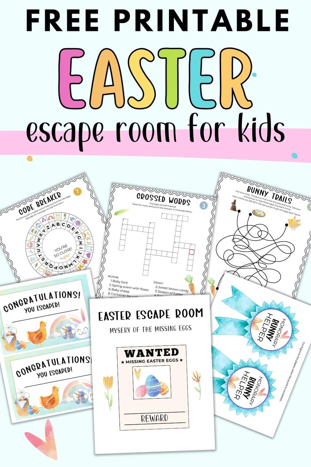 text "free printable easter escape room for kids" with a preview of six escape room pages