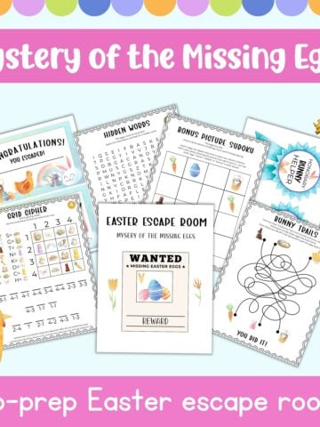 text "mystery of the missing eggs no prep easter escape room" with preview of pages from an easter escape room