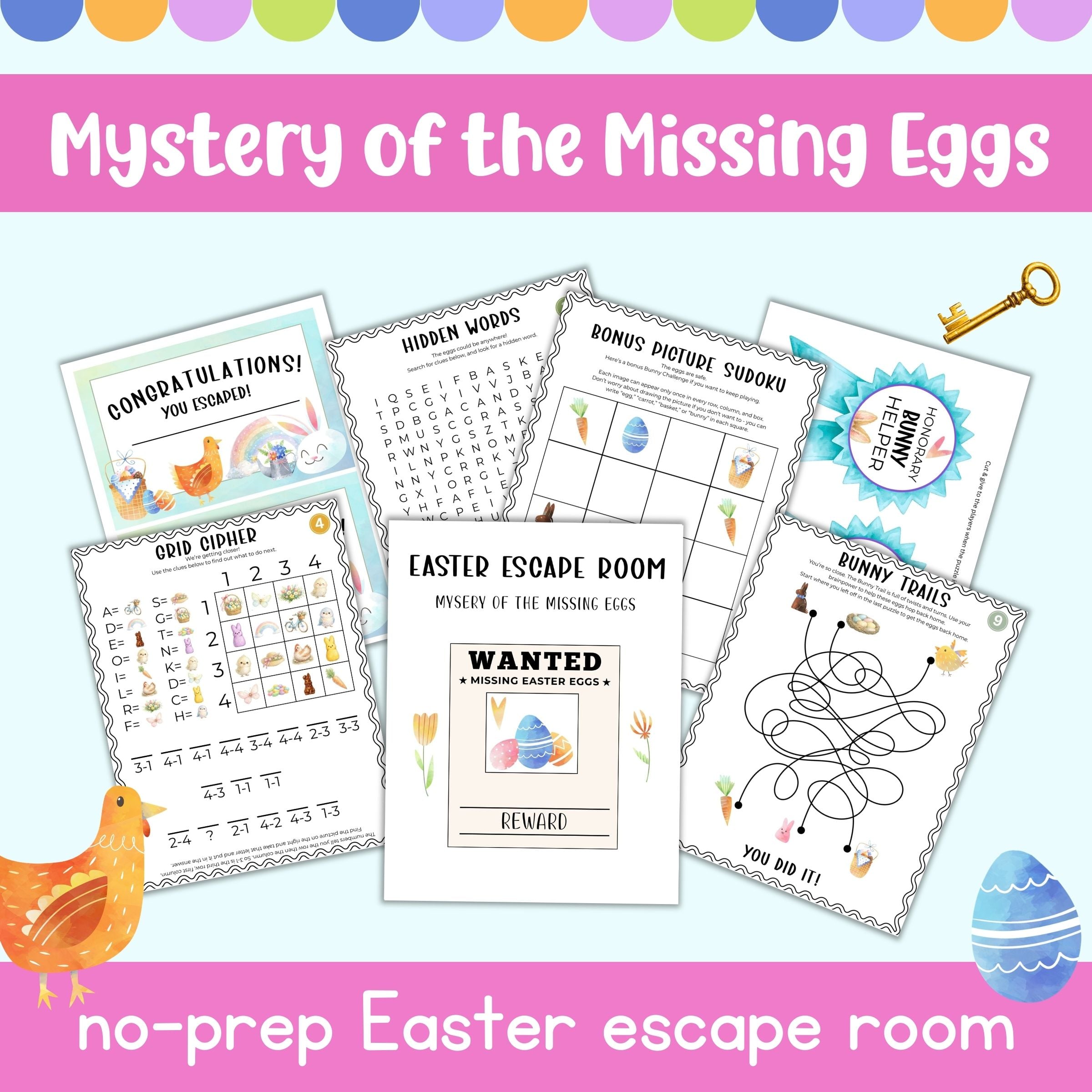 text "mystery of the missing eggs no prep easter escape room" with preview of pages from an easter escape room