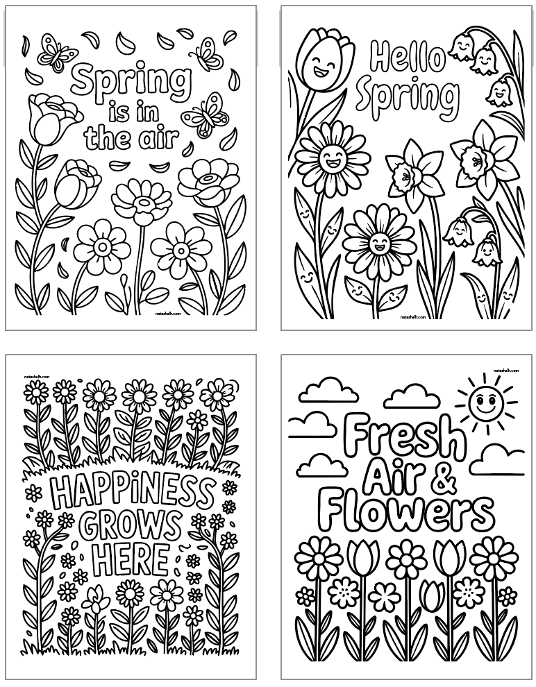 four spring coloring pages with bold, simple designs