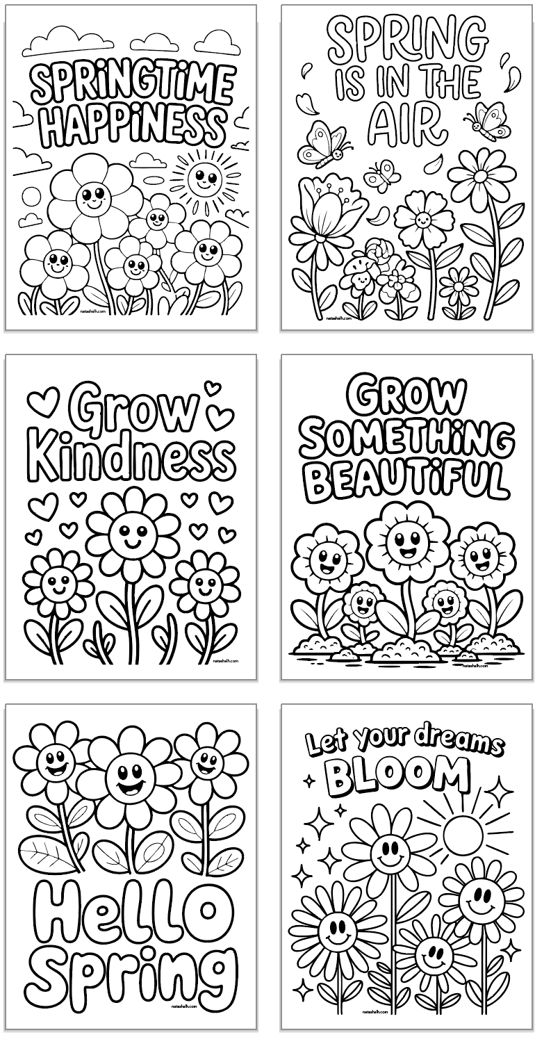 six spring coloring pages with bold, easy designs and fun quotes like "grow kindness"
