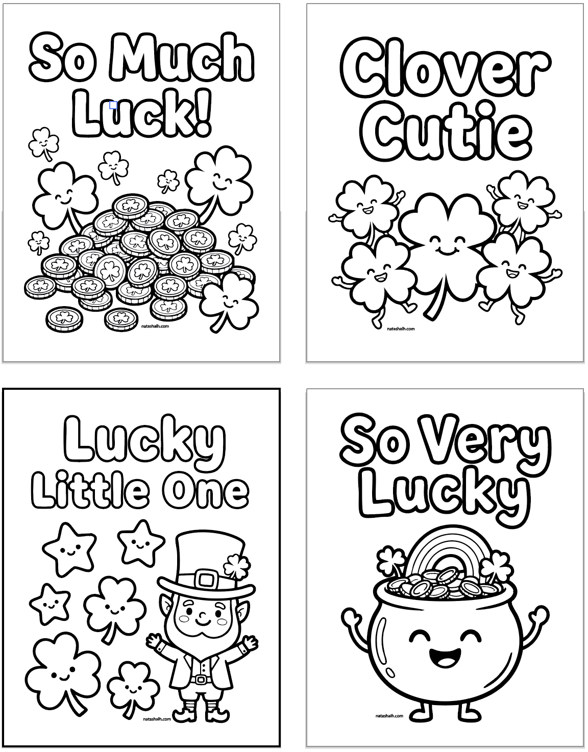 four bold, fun style coloring pages for St Patrick's Day with st patrick's day puns