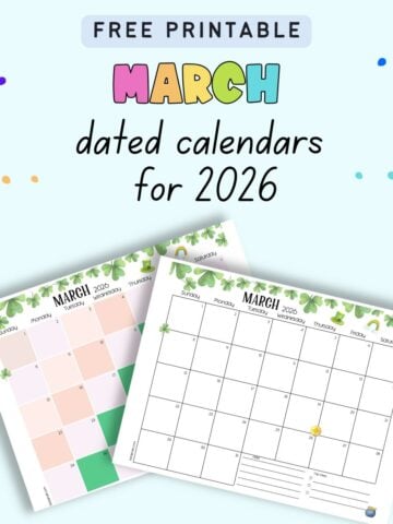 text "free printable march dated calendars for 2026" with a preview of two march calendar pages