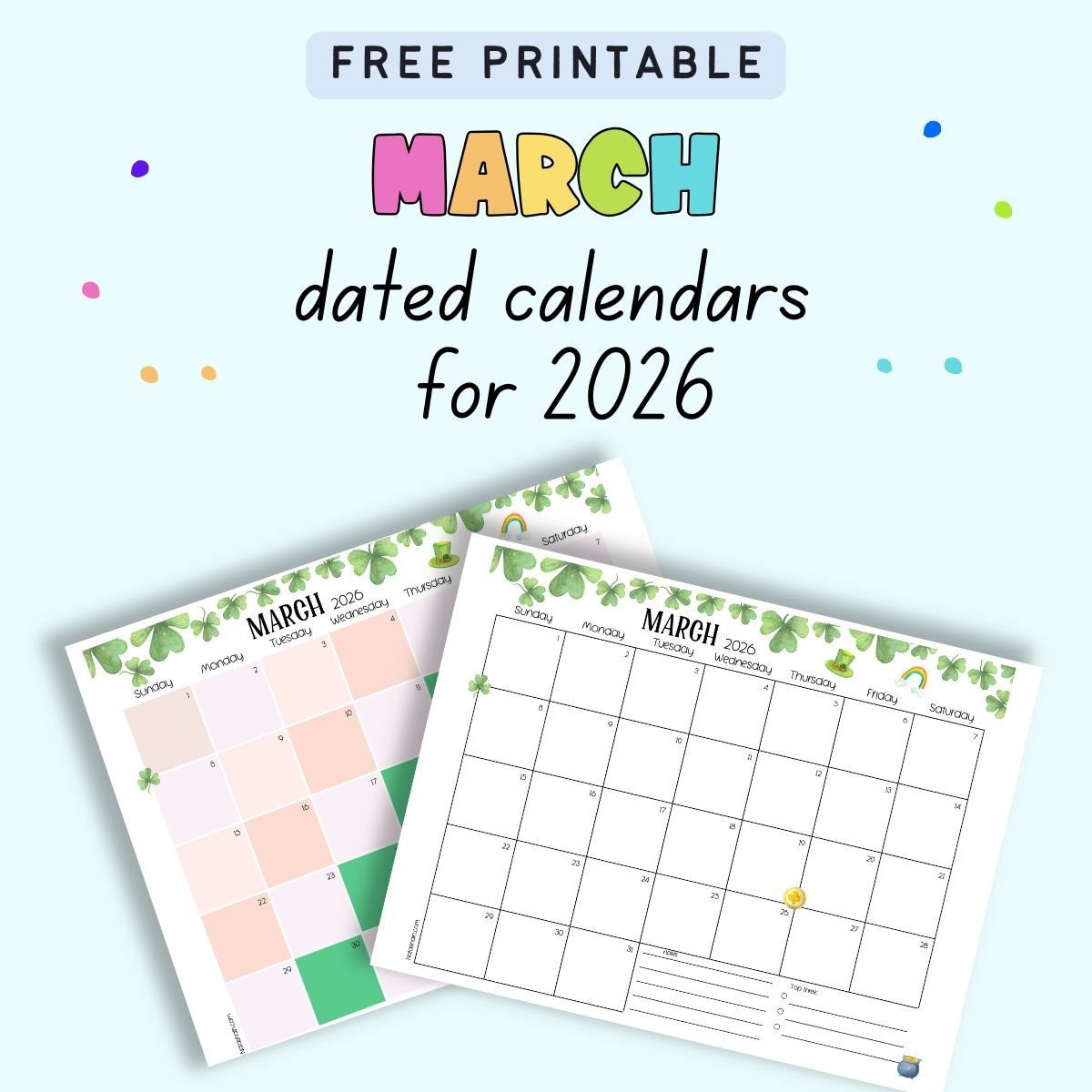 text "free printable march dated calendars for 2026" with a preview of two march calendar pages