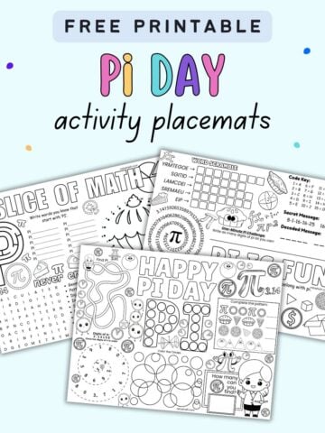 text "free printable pi day a tiivty placements" with a preview of three activity sheets
