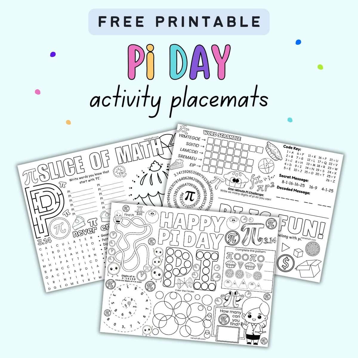 text "free printable pi day a tiivty placements" with a preview of three activity sheets