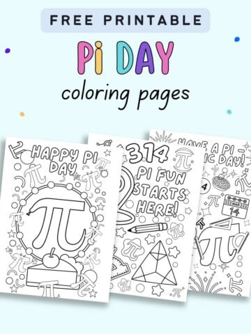 txt "free printable pi day coloring pages" with a preview of three coloring sheets for pi day