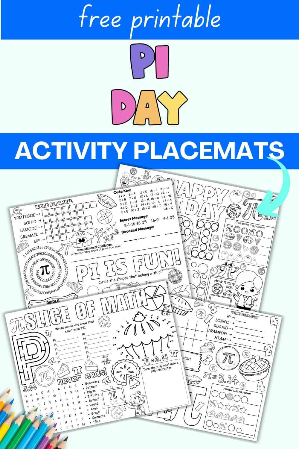 text "free printable pi day acitiactivityyt placemats" with a preview of four activity sheets