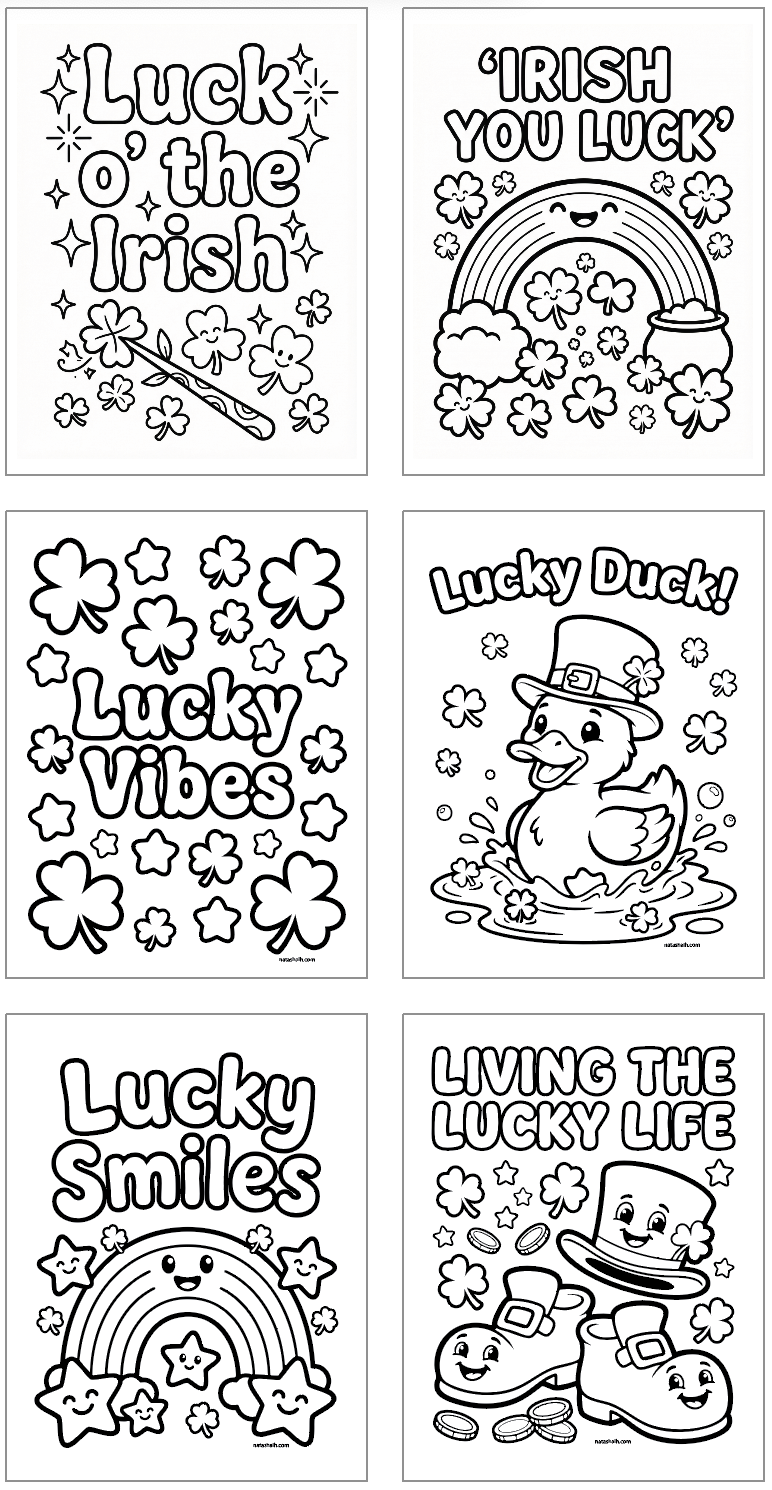 six bold, fun style coloring pages for St Patrick's Day with st patrick's day puns