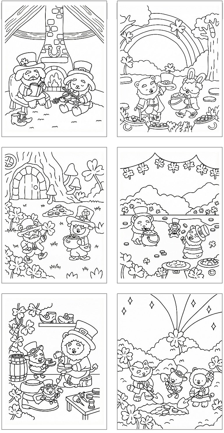 six fuzzy hygge style st Patrick's ay coloring pages with animals dressed as leprechauns